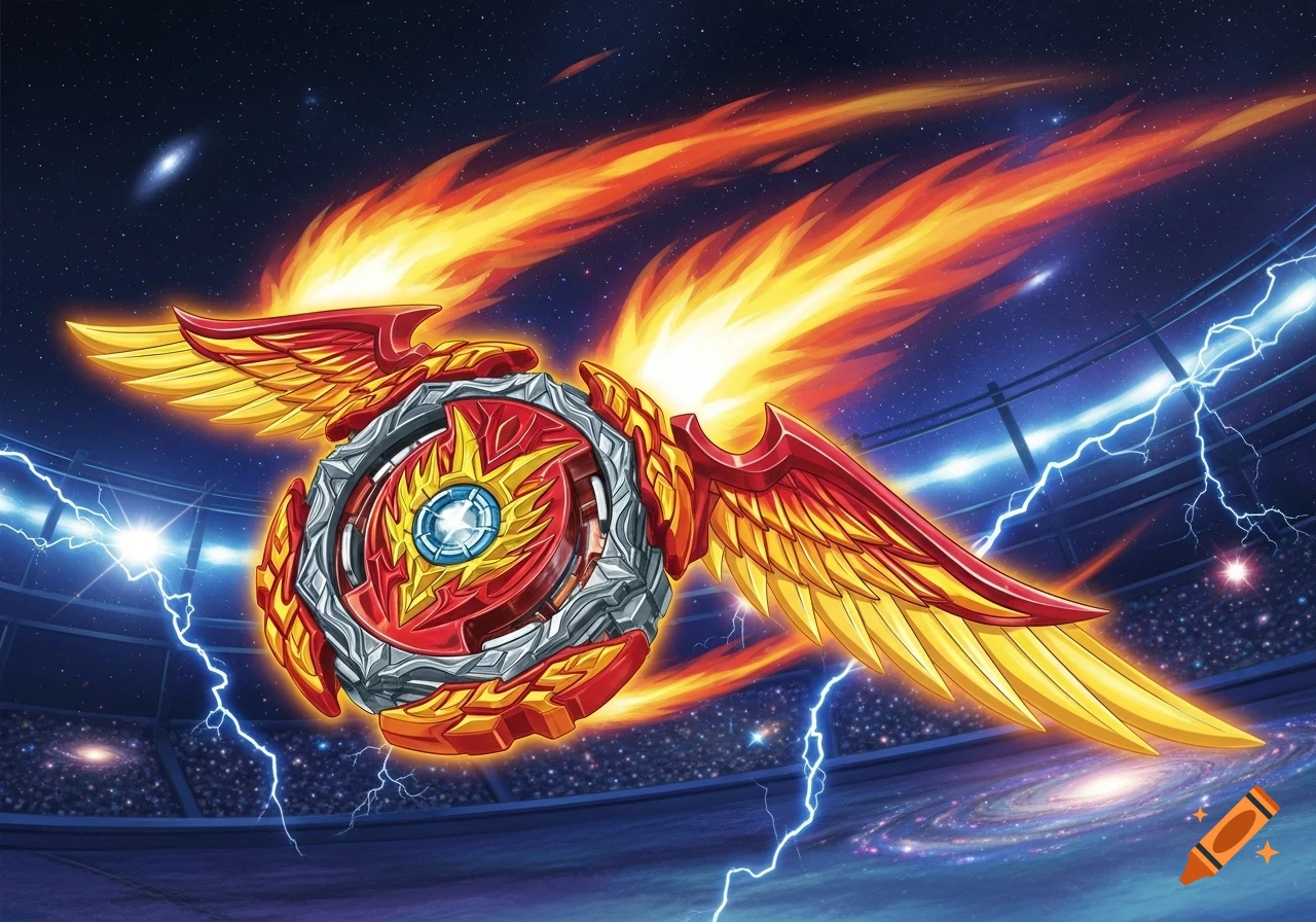 Anime-style illustration of a red and gold phoenix Beyblade with fiery wings and lightning, flying in a stadium under a starry night sky.