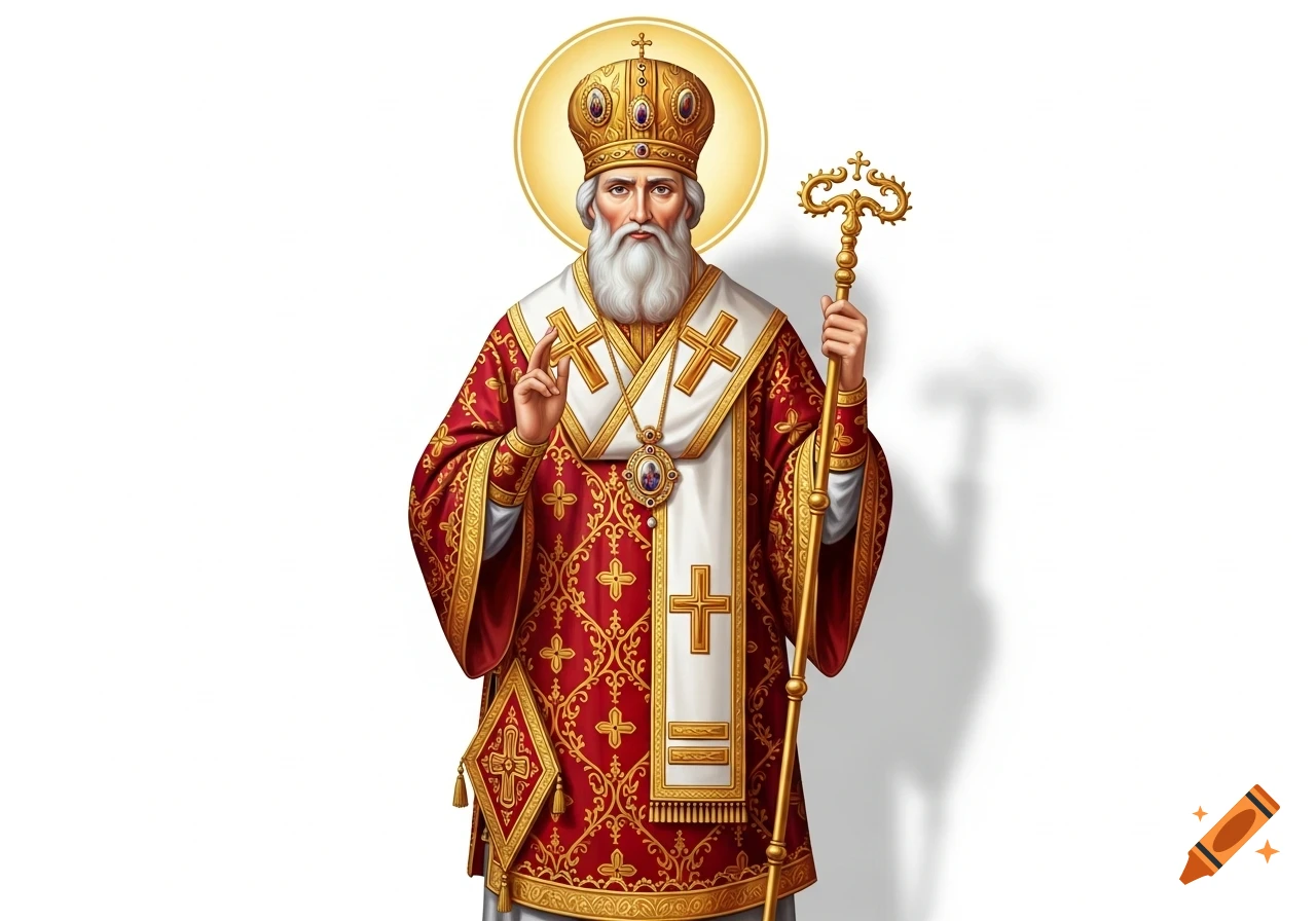 A richly dressed Saint Nicholas with a white beard, wearing a gold crown and red ornate robes, holding a golden staff, against a white background.