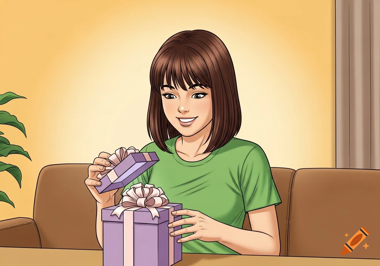 A cartoon woman with short brown hair smiles, opening a purple gift box with a white bow in a brightly lit room.
