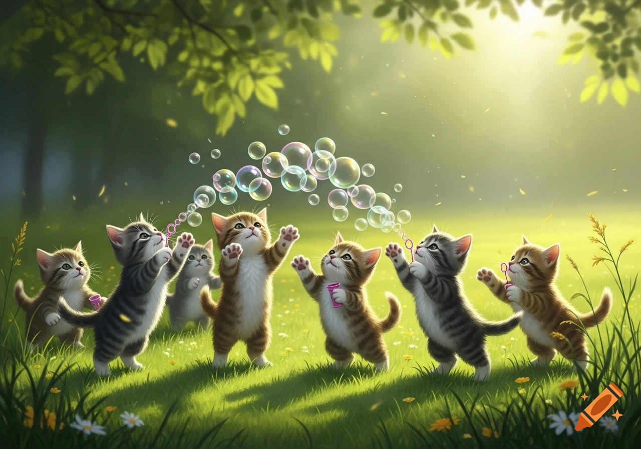 Seven cute kittens playing with colorful bubbles in a sunny grassy field under green trees.