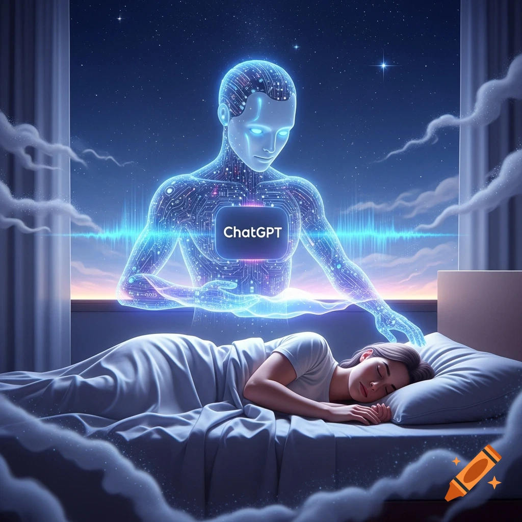 Ethereal AI figure with 'ChatGPT' on chest leans over a sleeping person in bed, under a starry night sky.