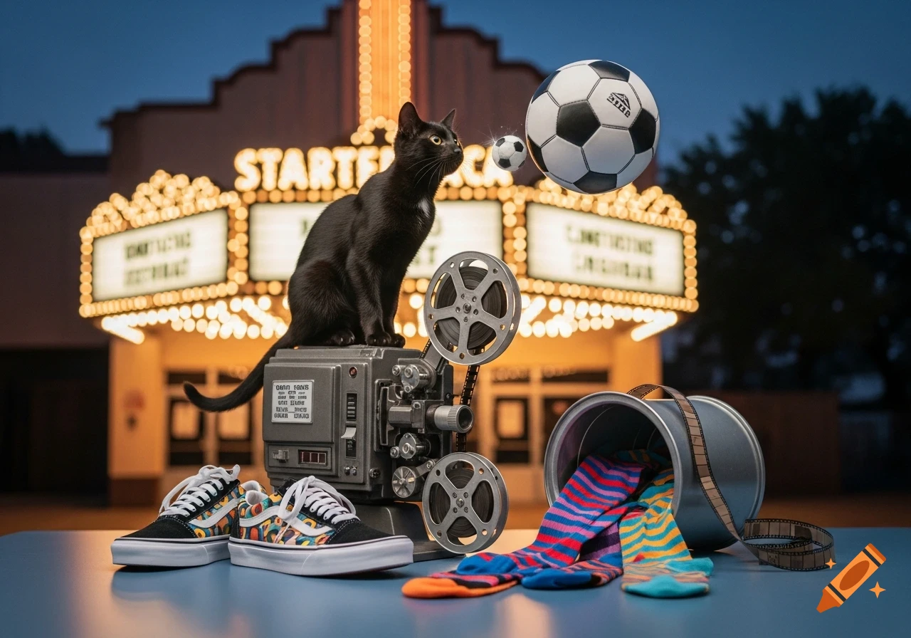 A black cat sits on a movie projector in front of a cinema marquee, with soccer balls, Vans shoes, and colorful socks arranged around it.