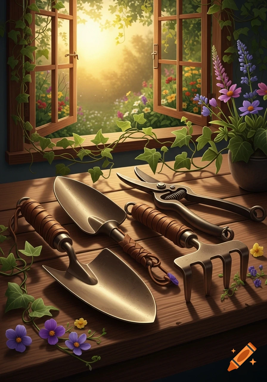 Gardening tools like trowels, a rake, and shears on a wooden table by an open window with a sunlit garden view.