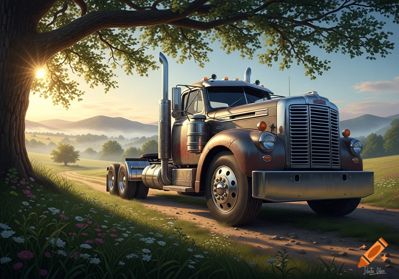 A vintage semi-truck parked on a dirt road under a large tree, with a sunrise over a foggy rural landscape.
