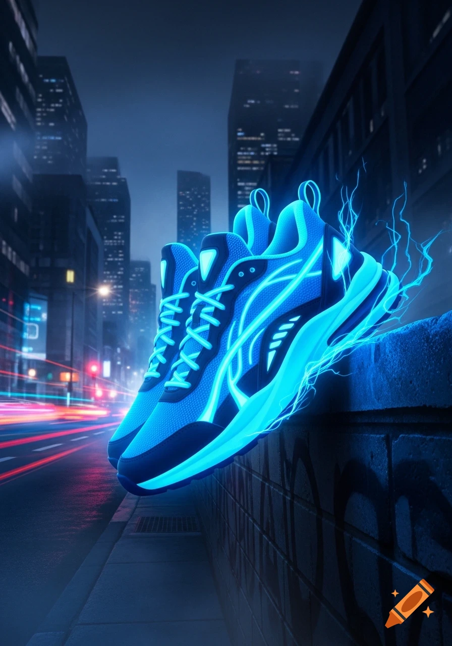 Glowing blue sneakers with neon lightning accents on a brick wall in a dark city street at night, with blurred light trails.