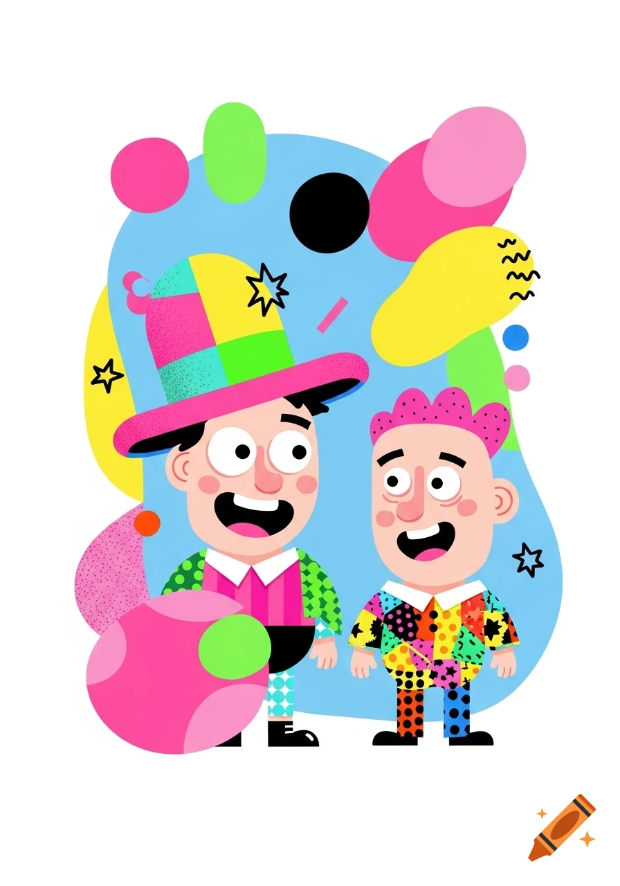 Two colorful, smiling cartoon characters, one in a multi-colored top ...