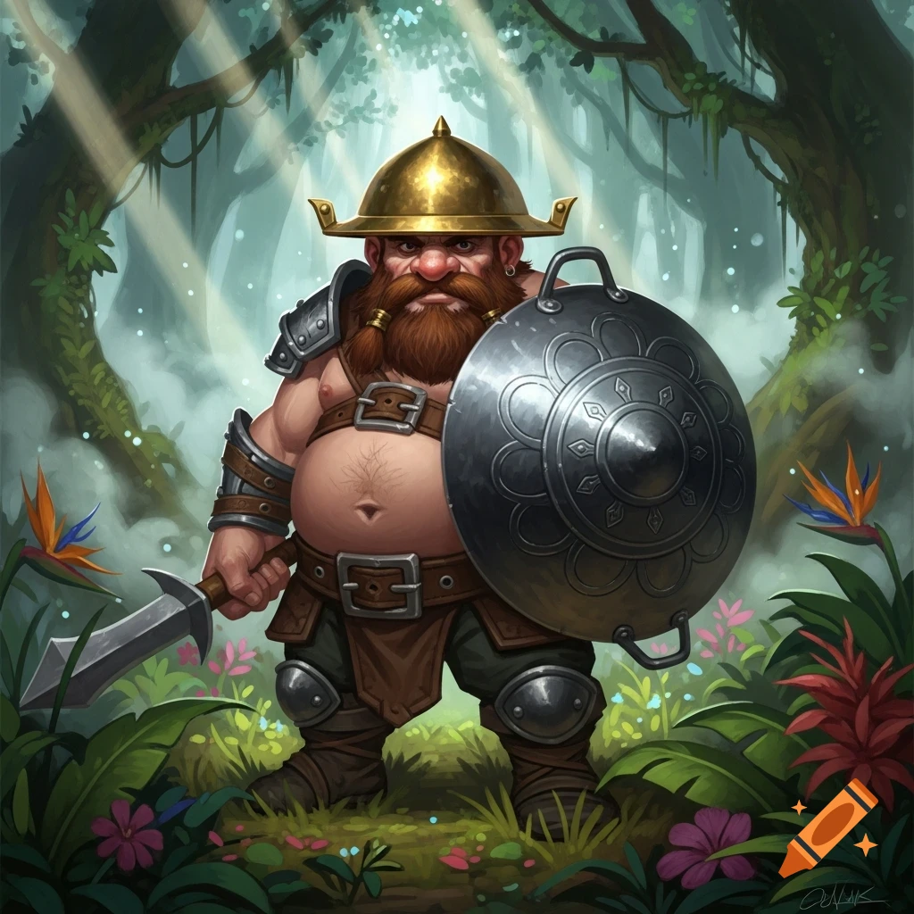 A stylized illustration of an overweight dwarf warrior with a golden helmet, a sword, and a round shield, standing in a lush, sunlit forest.