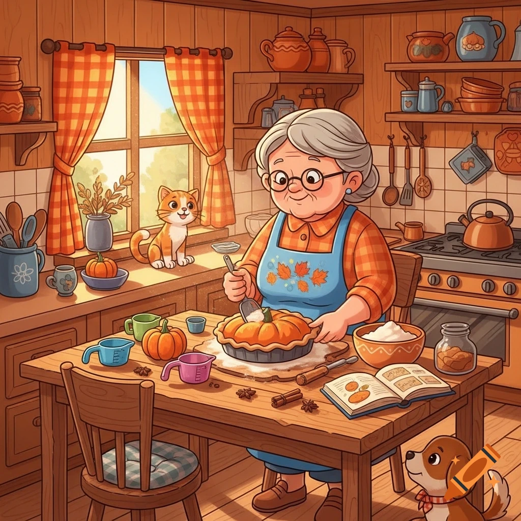 An old woman bakes a pumpkin pie in a cozy, sunny kitchen, with a cat on the counter and a dog nearby, in a warm cartoon style.