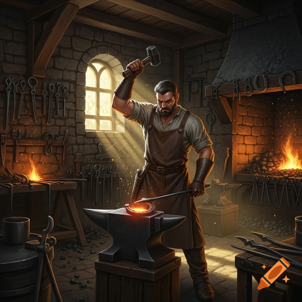 A muscular blacksmith hammers a glowing horseshoe on an anvil in a detailed, sunlit stone forge, surrounded by tools and fire.