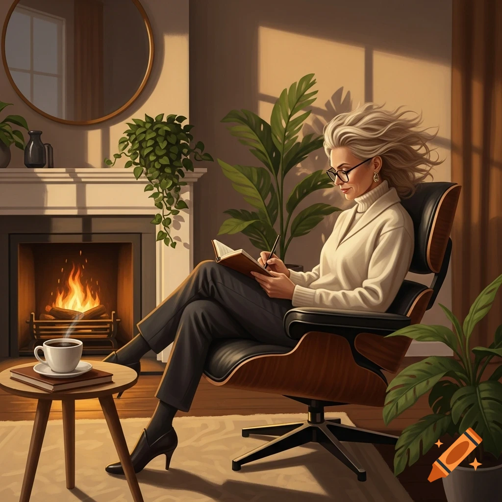A blonde woman with wild hair and glasses writes in a notebook, seated in a modern armchair by a fireplace with plants and coffee.