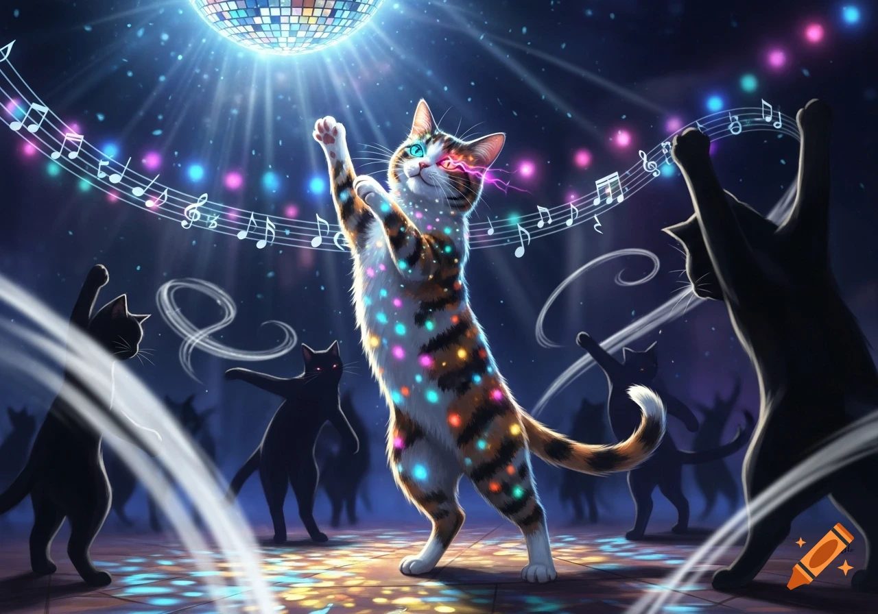 A vibrant calico cat with disco light spots dances under a disco ball with silhouetted cats, surrounded by musical notes.
