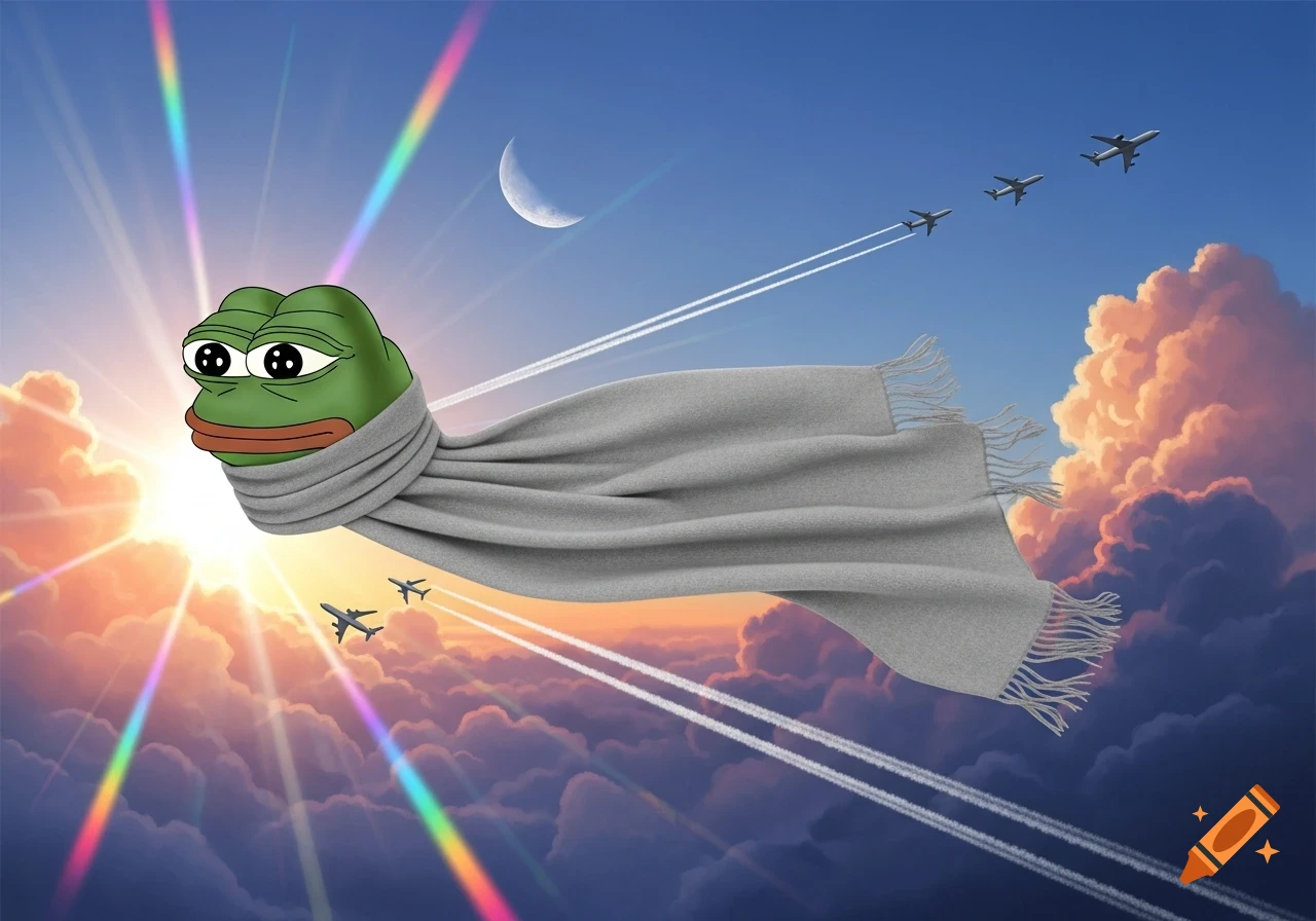 Pepe the frog's head with a long gray scarf flies through a bright, cloudy sky with sunbeams, a crescent moon, and airplanes.