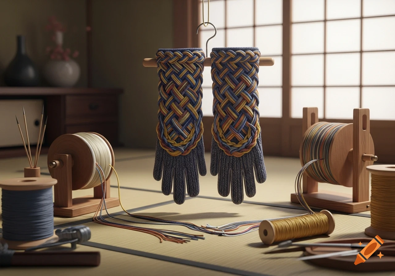 Two intricately braided gloves with colorful kumihimo patterns hang above spools of thread in a crafting room.