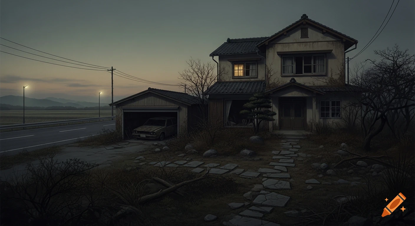 A photorealistic image of a dilapidated Japanese house, overgrown garden, and a garage with a car wreck by a road at dusk.