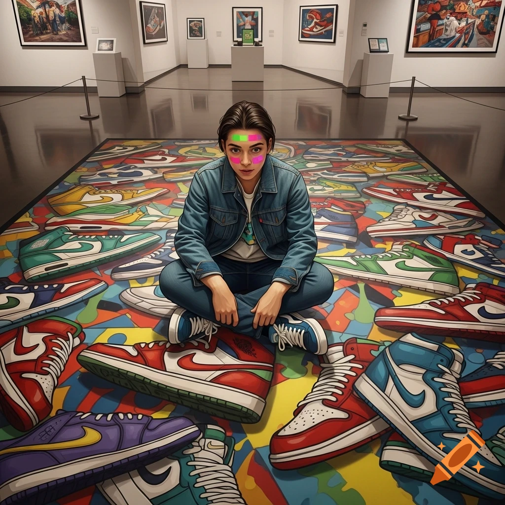 Person sitting cross-legged on a vibrant sneaker floor mural in an art gallery, looking forward.