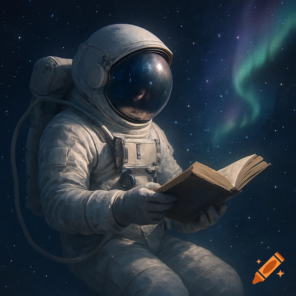 An astronaut in a white suit floats in space, holding and reading an open book under a starry sky with a green aurora.