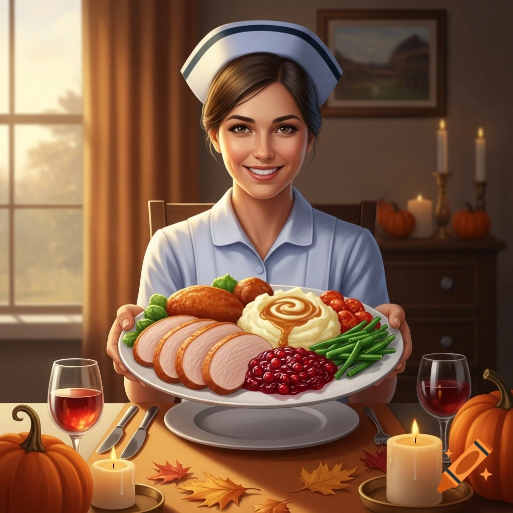 A smiling nurse in a white uniform holds a Thanksgiving plate with turkey, mashed potatoes, and cranberries at a festive table.