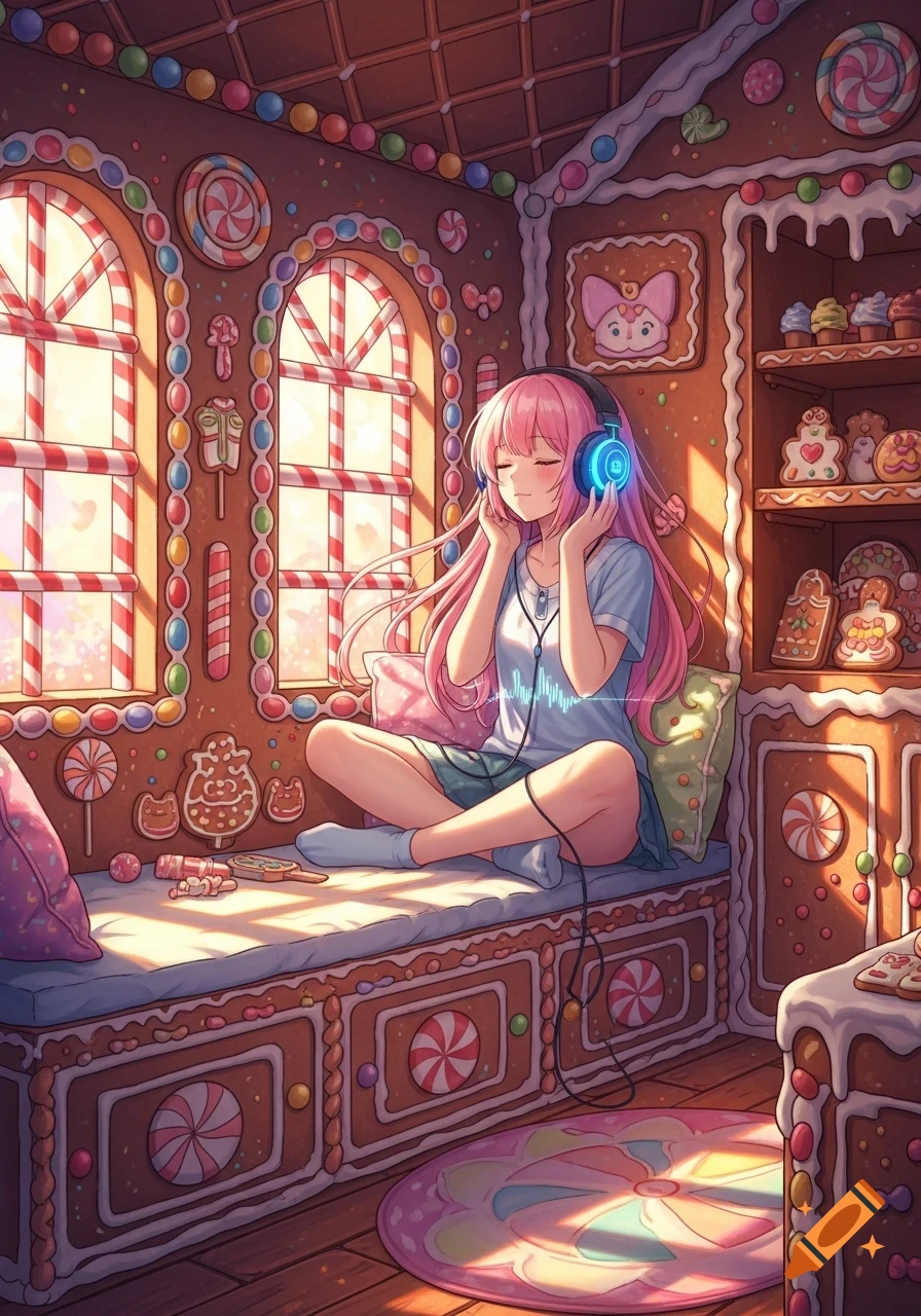 Anime girl with pink hair sitting cross-legged in a gingerbread house, listening to music through glowing blue headphones.