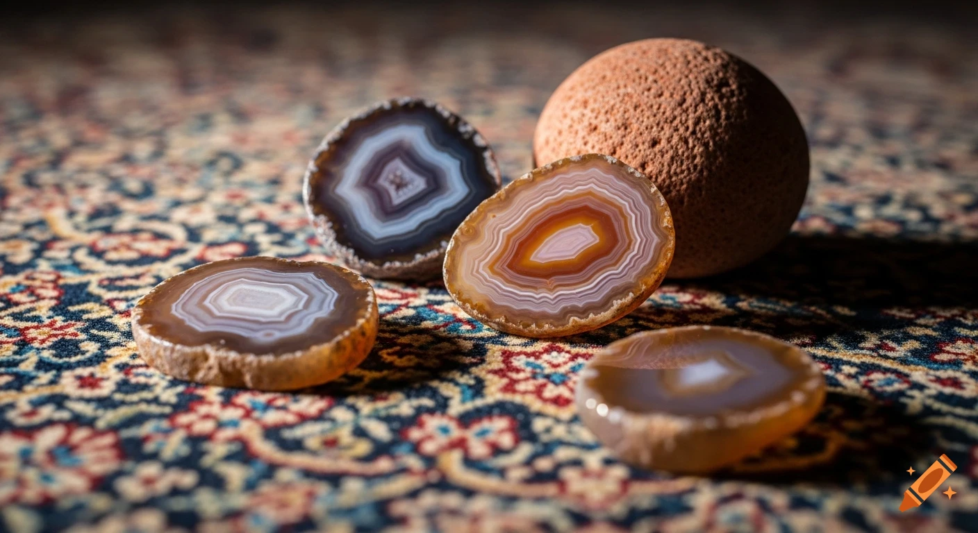 Agate stone slices and a textured sphere on a traditional Persian carpet, with warm lighting.