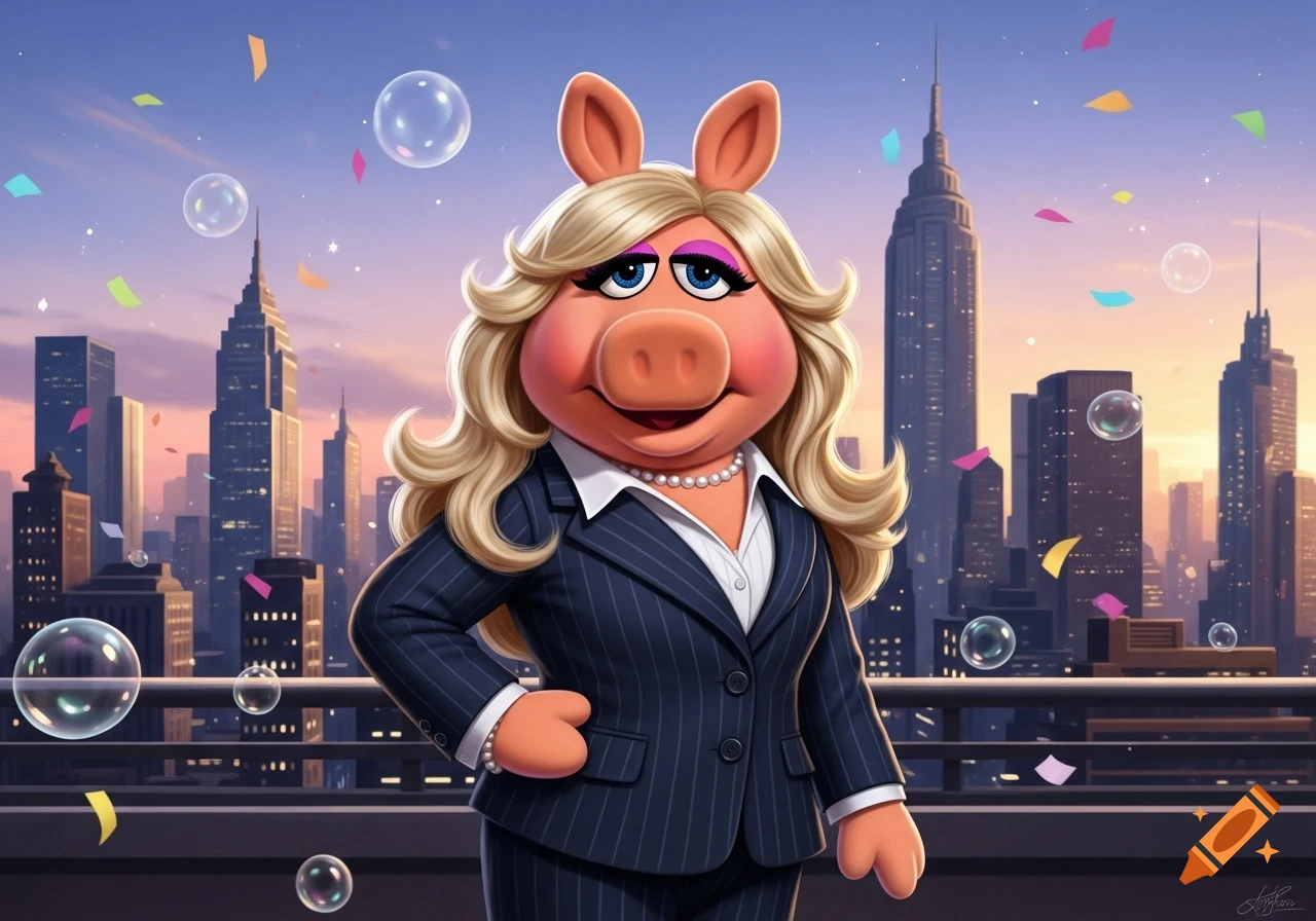 Miss Piggy in a pinstripe business suit stands on a rooftop overlooking a city skyline with falling confetti and bubbles.