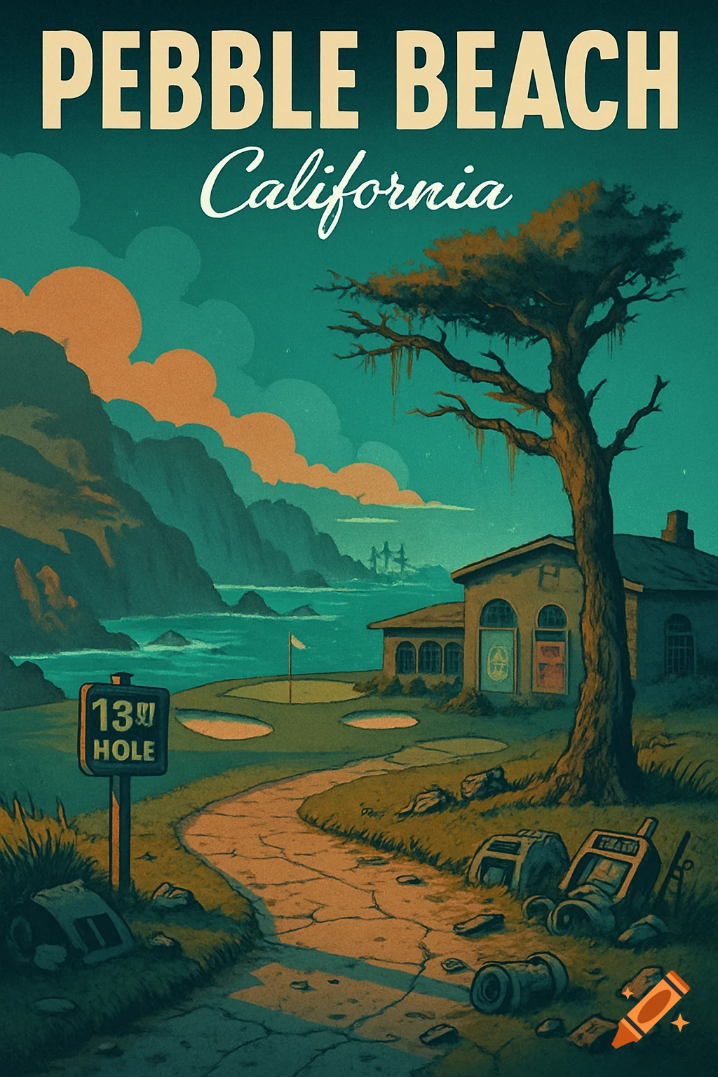 A vintage travel poster style illustration of Pebble Beach reimagined with a Fallout theme, showing a golf course, a weathered clubhouse, and a gnarled tree under a teal sky with orange clouds. A sign for the 13th hole with some text artifacts is in the foreground.