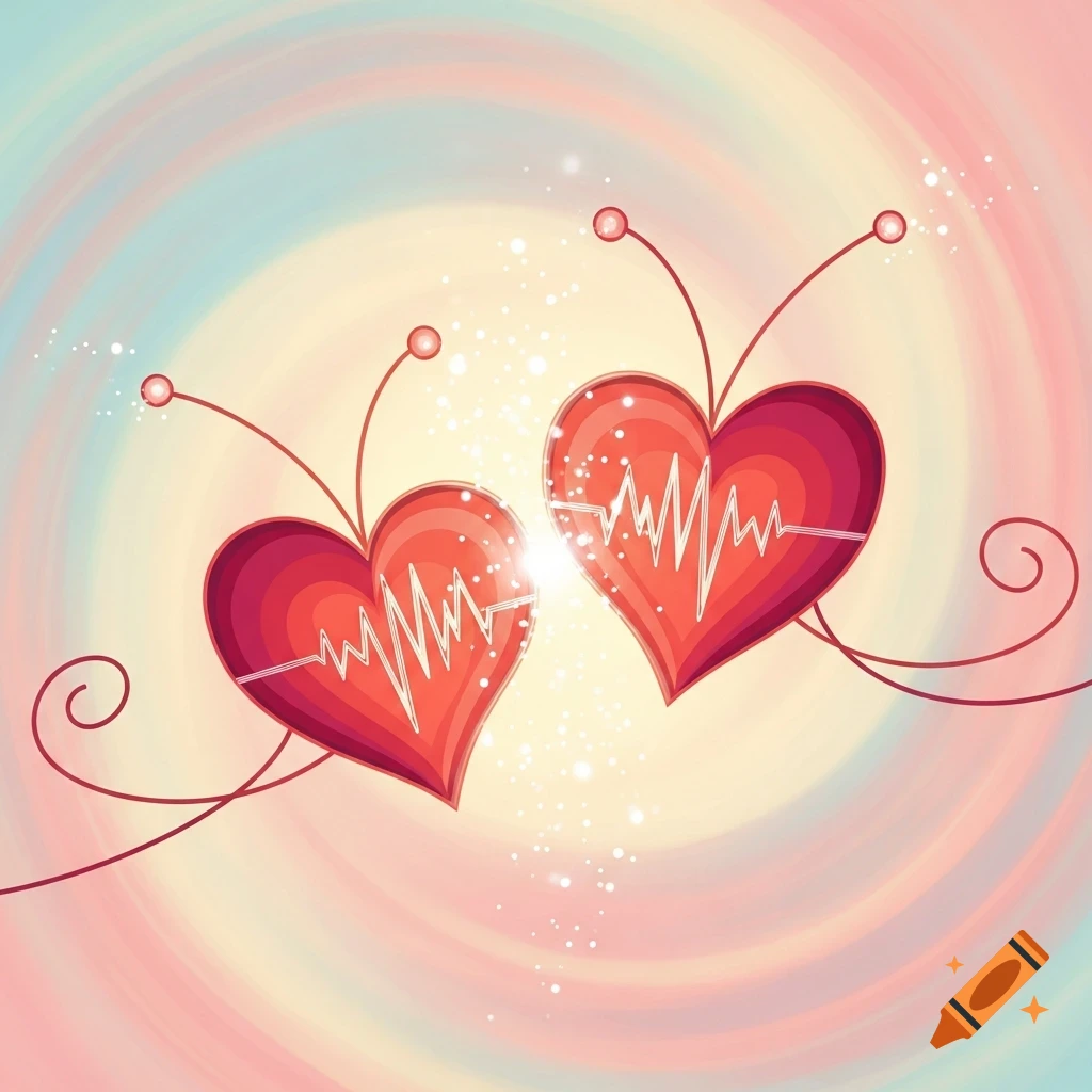 Two stylized red hearts with heartbeat lines and antennae-like wires connect over a glowing spot on a pastel swirling background.