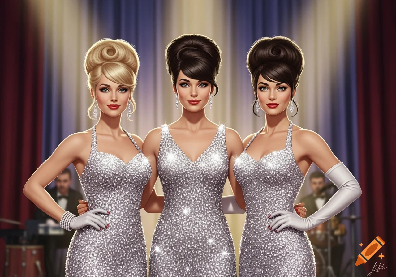 Three women with bouffant hairstyles and sparkling silver dresses pose on a stage in a stylized illustration.