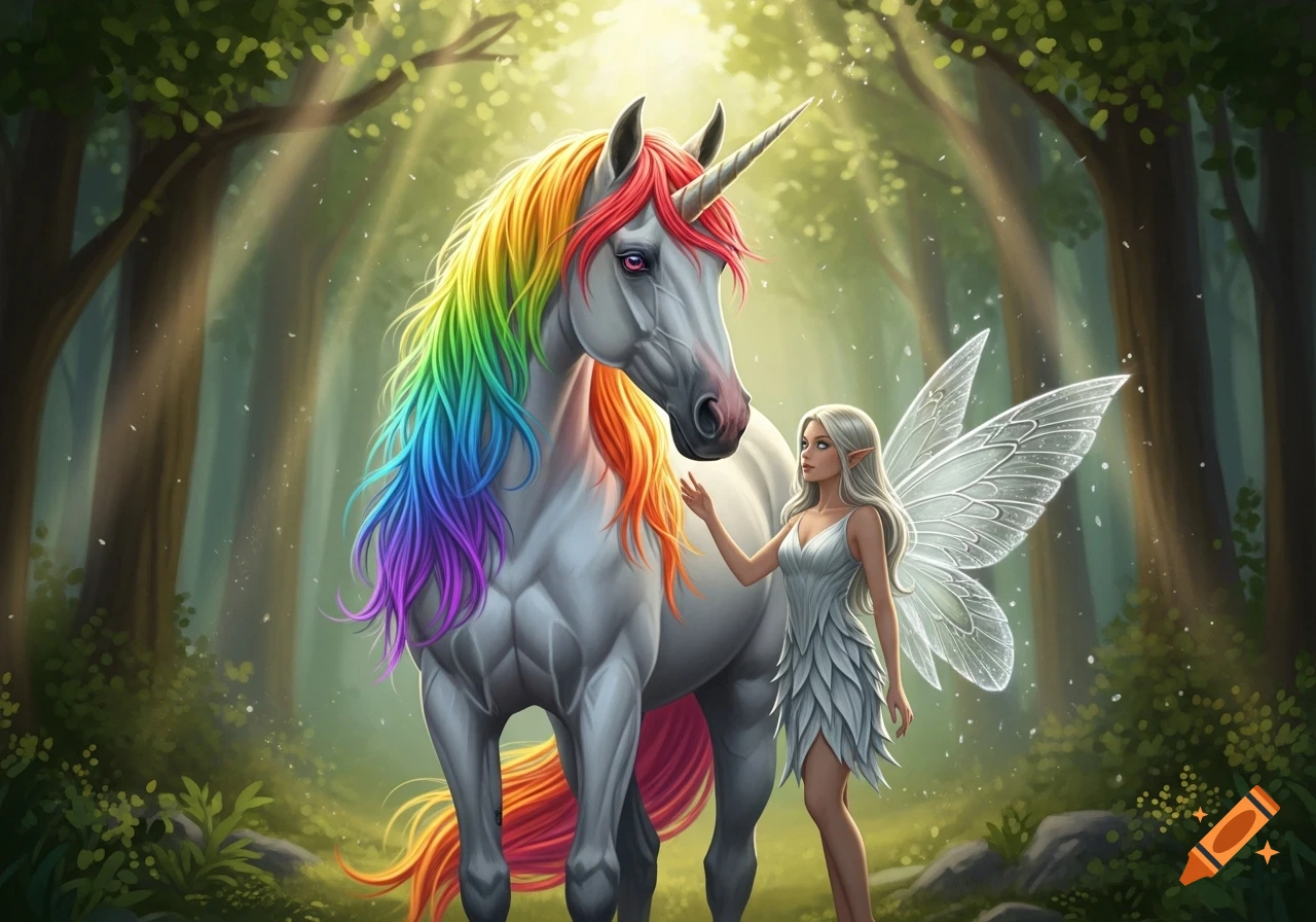 A white unicorn with a vibrant rainbow mane and tail stands with a ...