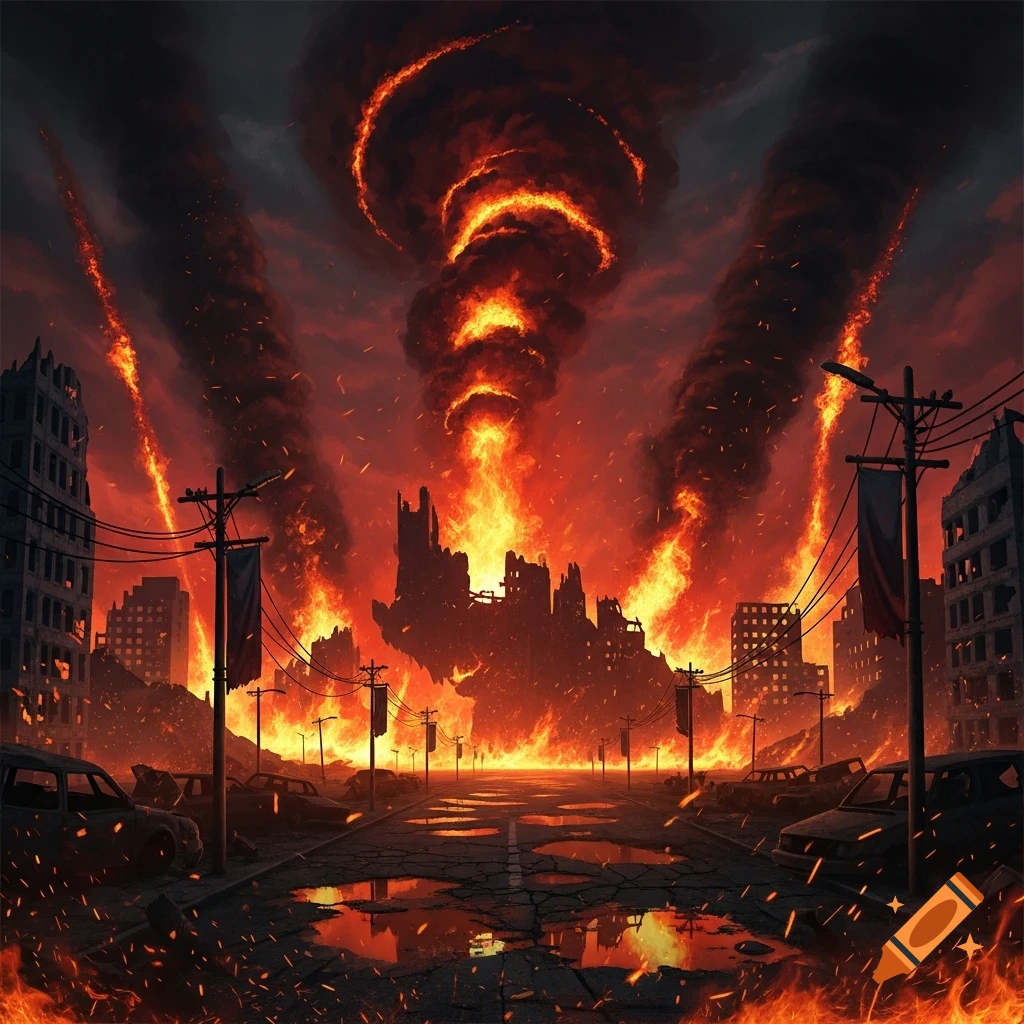 A devastated city engulfed in massive fire tornadoes and flames under a dark, smoke-filled sky, with ruined buildings and a cracked street.
