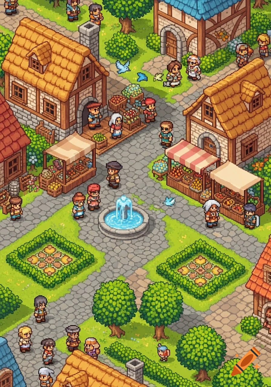 An isometric pixel art view of a bustling medieval village market square with a fountain, stalls, and many villagers.