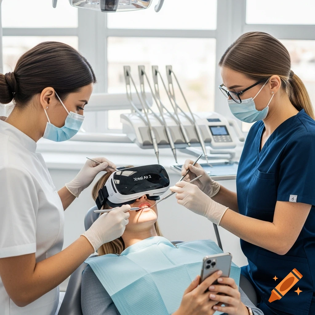 Two medical professionals performing a dental cleaning on a patient wearing 'Xreal Air 2' VR goggles in a modern clinic.