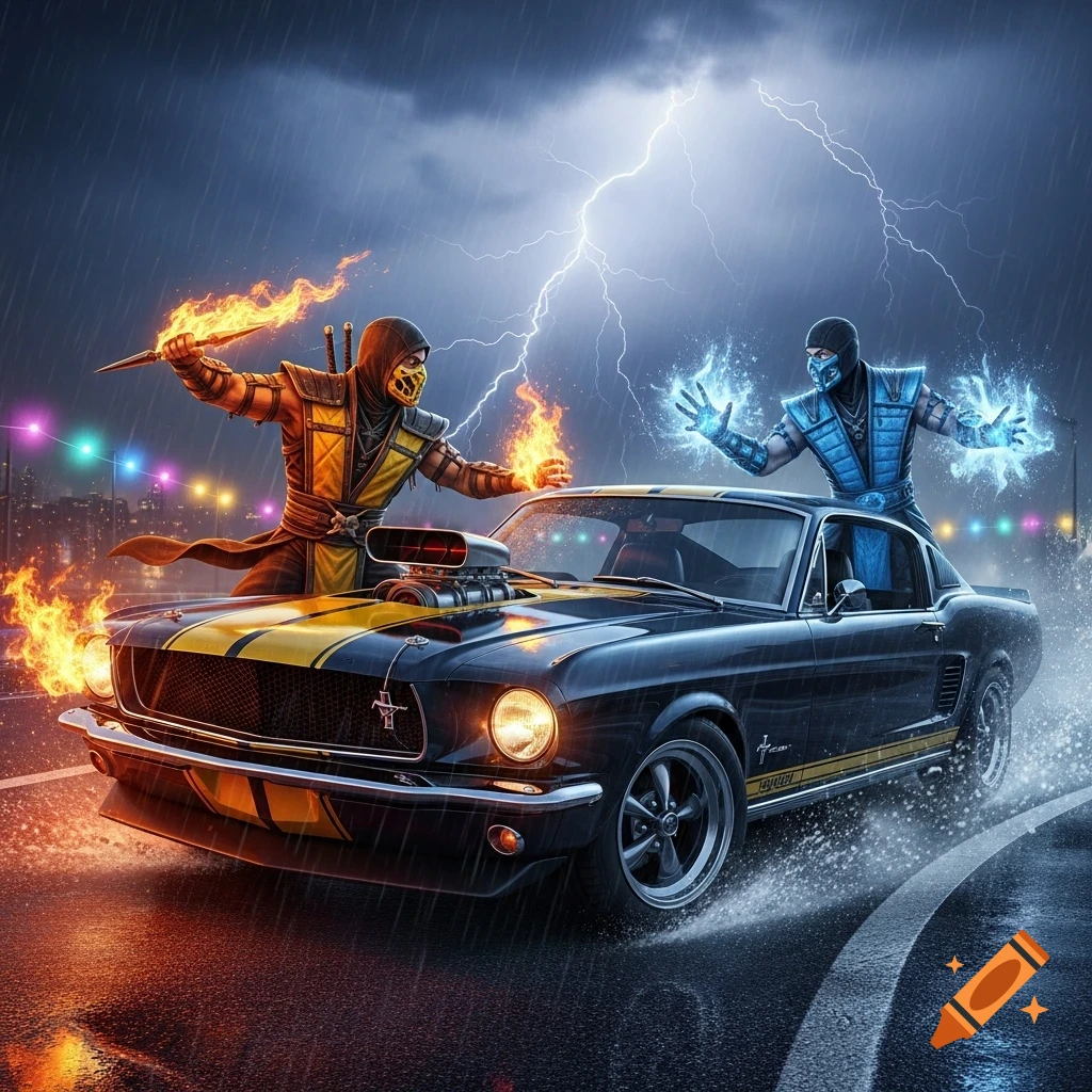 Scorpion and Sub-Zero from Mortal Kombat stand on and next to a classic black Ford Mustang with yellow stripes during a rainstorm with lightning, fire, and ice effects.
