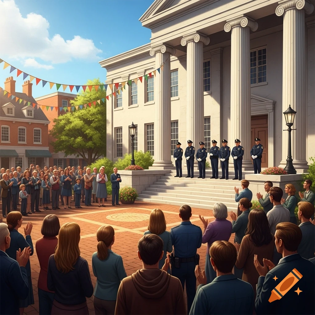 Police officers stand on courthouse steps while a crowd of townspeople claps below under colorful banners.