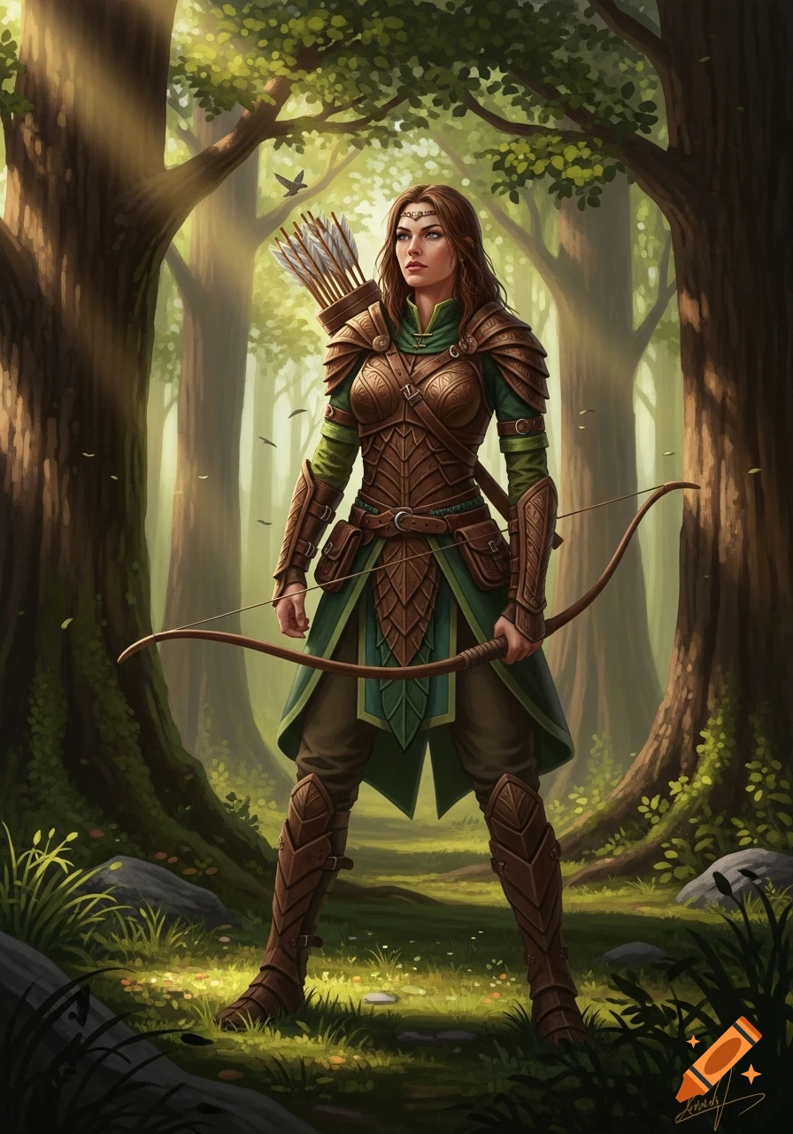 A female archer in brown and green leather armor stands with a bow in a sunlit enchanted forest.