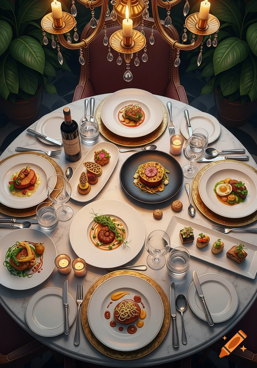 A photorealistic overhead shot of a luxurious dining table laden with multiple gourmet dishes, wine, cutlery, and lit candles, under a chandelier.