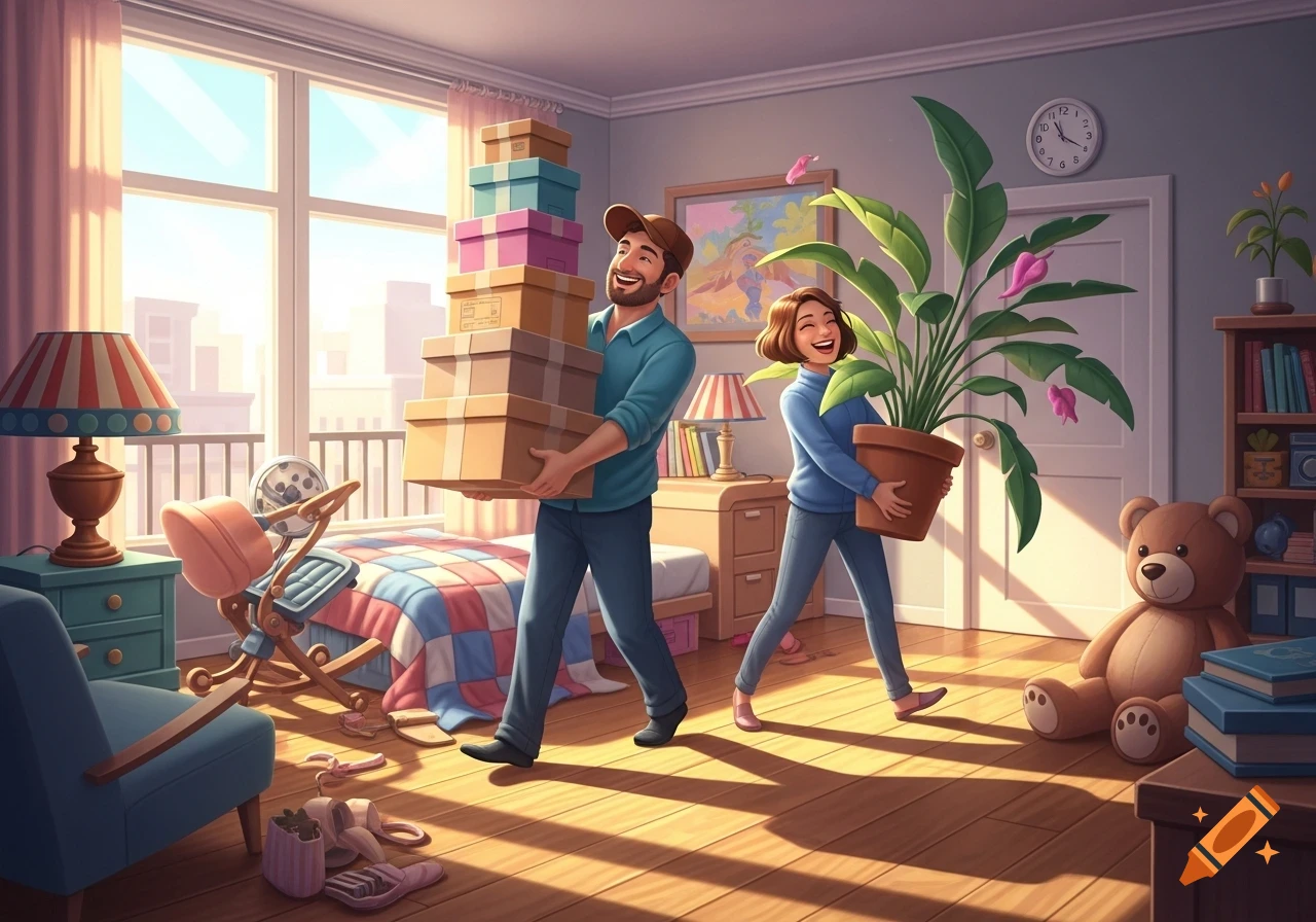 An illustrated man carries a stack of moving boxes while a woman carries a potted plant through a sunny room with a bed and furniture.