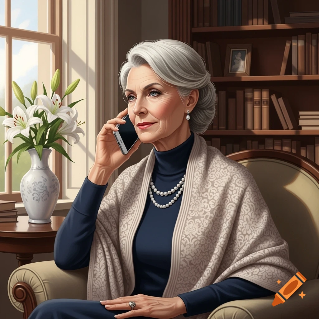 An elegant older woman with grey hair talks on a phone, sitting in an armchair by a window with lilies and a bookshelf.