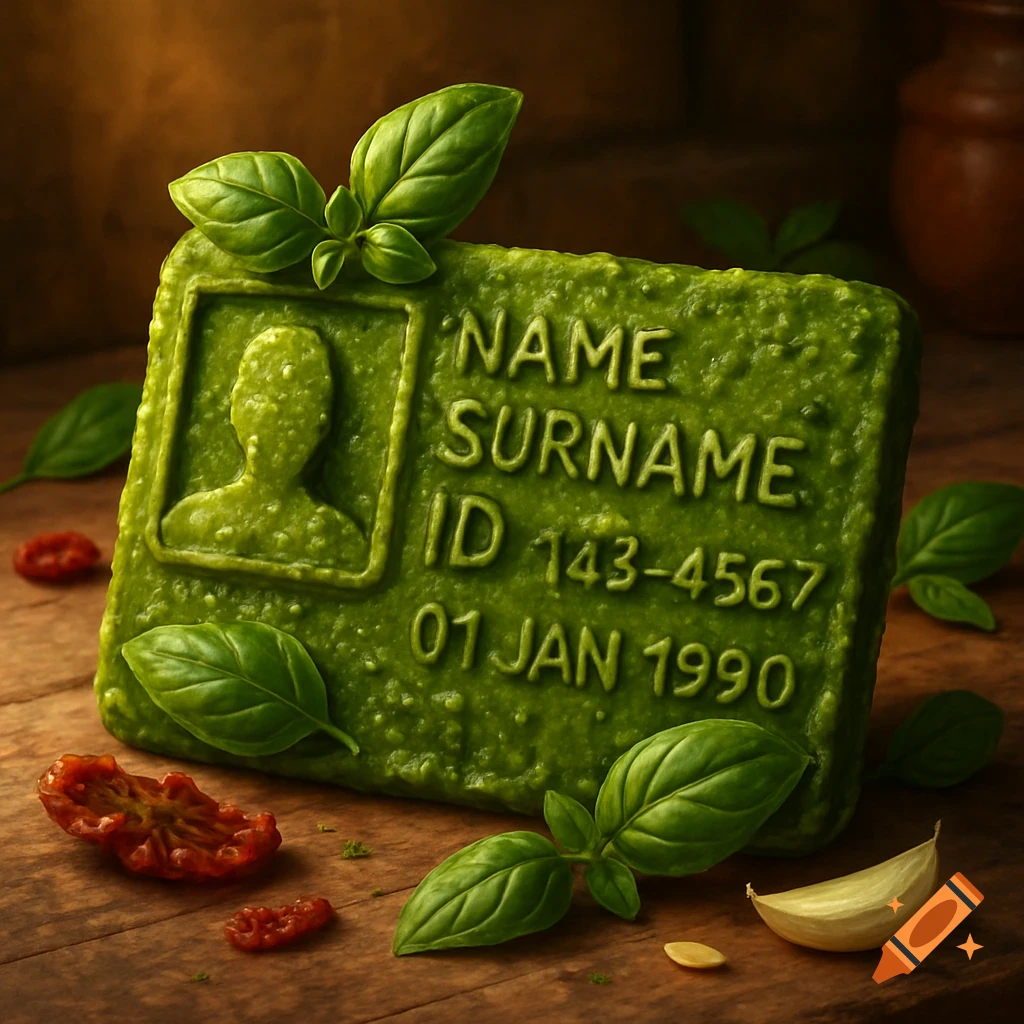 A realistic pesto identification card with basil leaves, dried tomatoes, and garlic on a wooden surface.