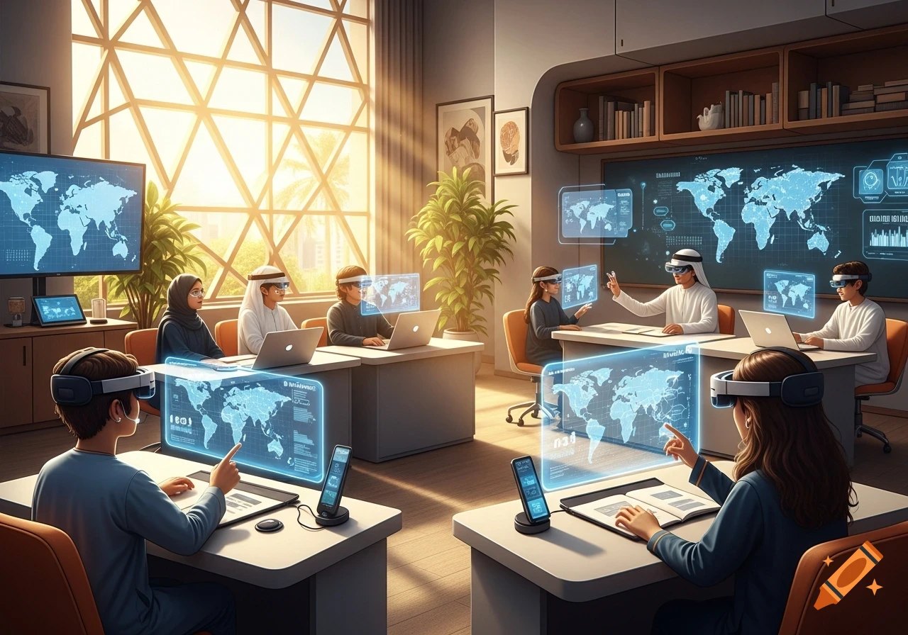 Students in a modern classroom in the UAE use VR headsets and holographic displays showing world maps, interacting with advanced technology.
