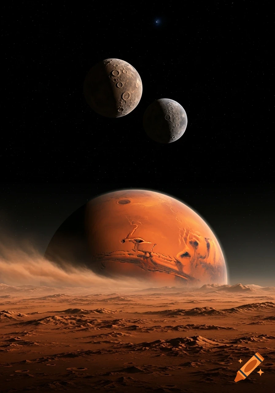 A detailed view of the red planet Mars from its dusty surface, with two cratered moons and a distant star in the dark, star-filled sky.