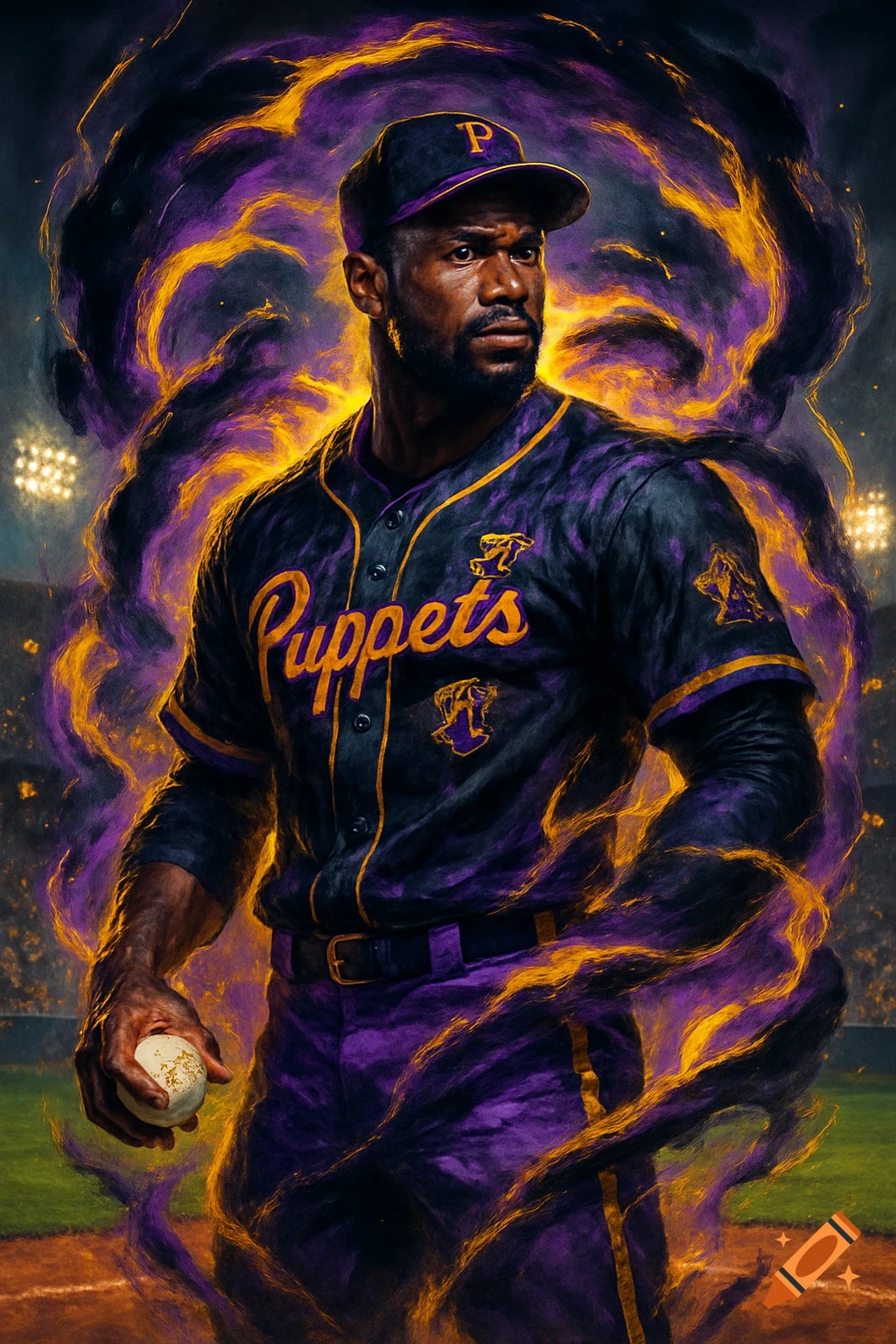 A powerful black baseball player in a black and purple uniform with gold trim and a P on his cap, surrounded by a dramatic purple and gold aura. He holds a baseball and looks intently to the right in a stadium setting. The jersey says "Puppets" in gold.