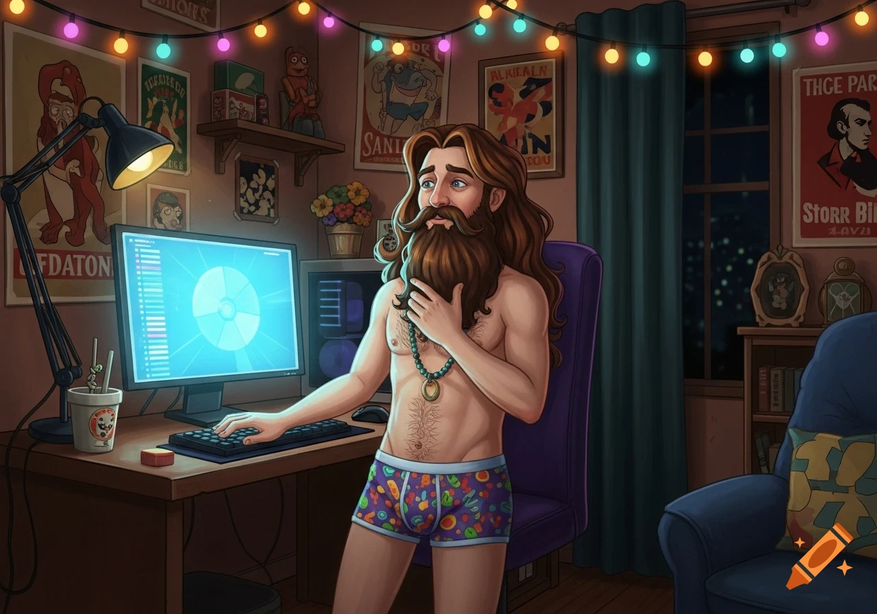 Cartoon man with a long beard and hair, wearing colorful boxer briefs, sits shirtless at a computer desk, looking pensive. The room has string lights and posters.