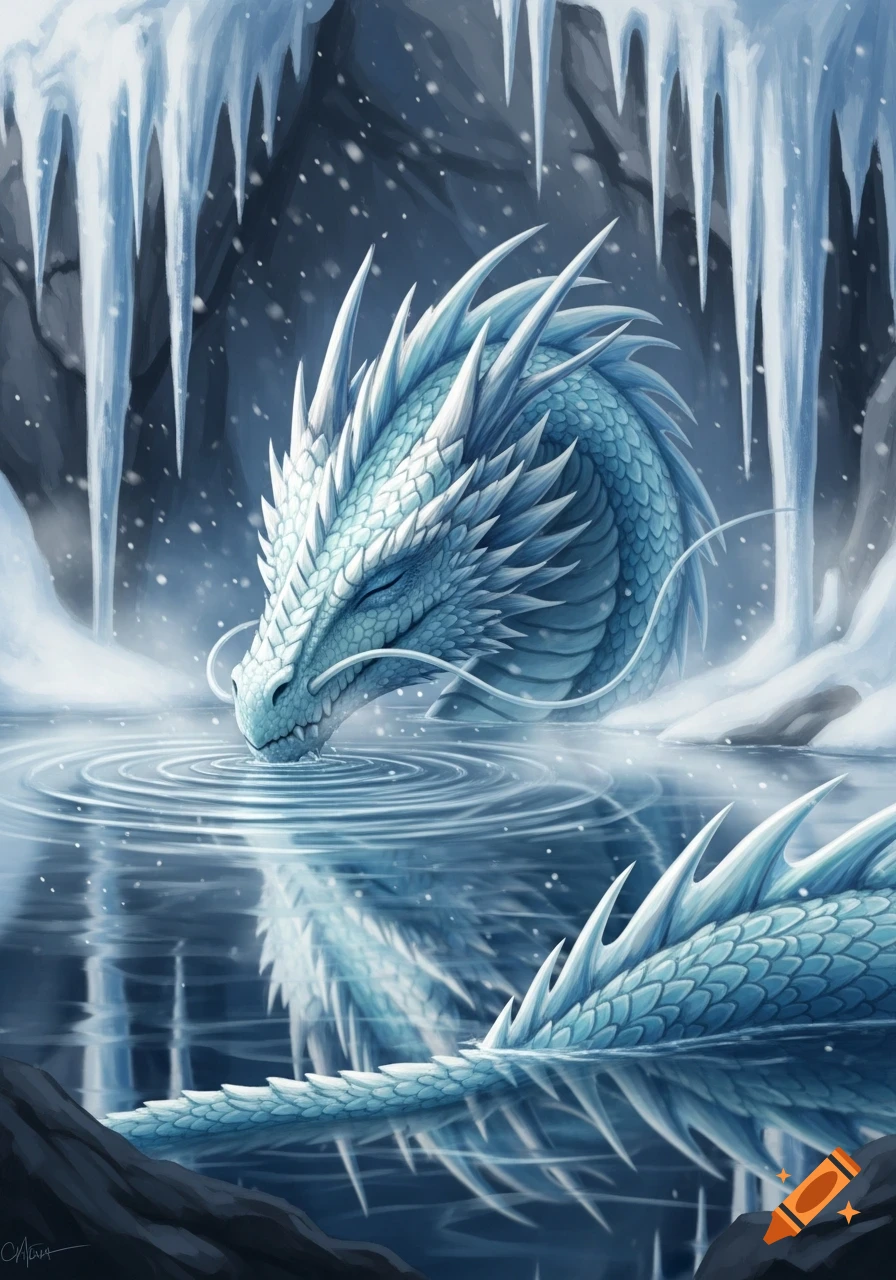 A majestic ice dragon with blue and white scales gently drinks from a tranquil icy pool, surrounded by sharp icicles.