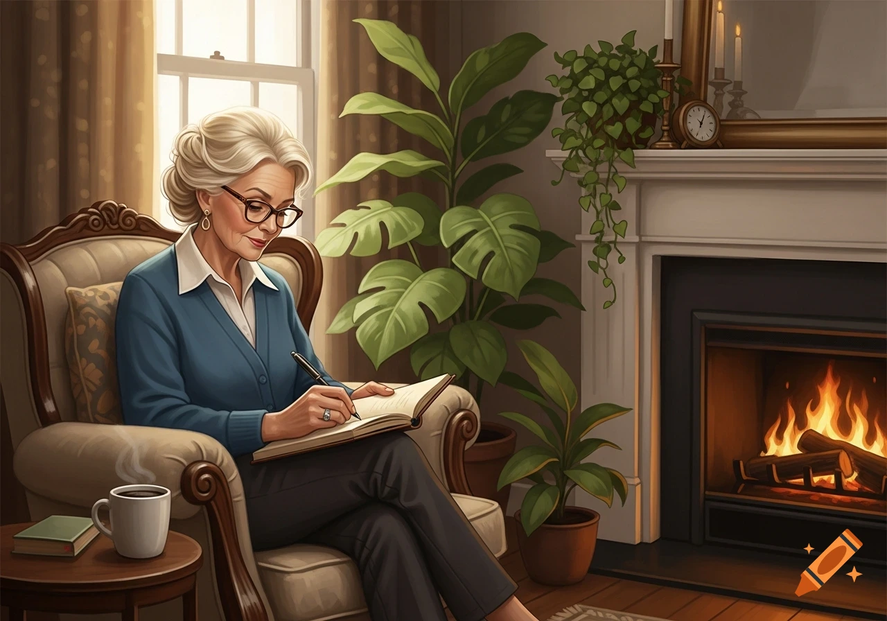 A mature woman with glasses writes in a book in a cozy armchair by a fireplace, surrounded by plants and a cup of coffee.