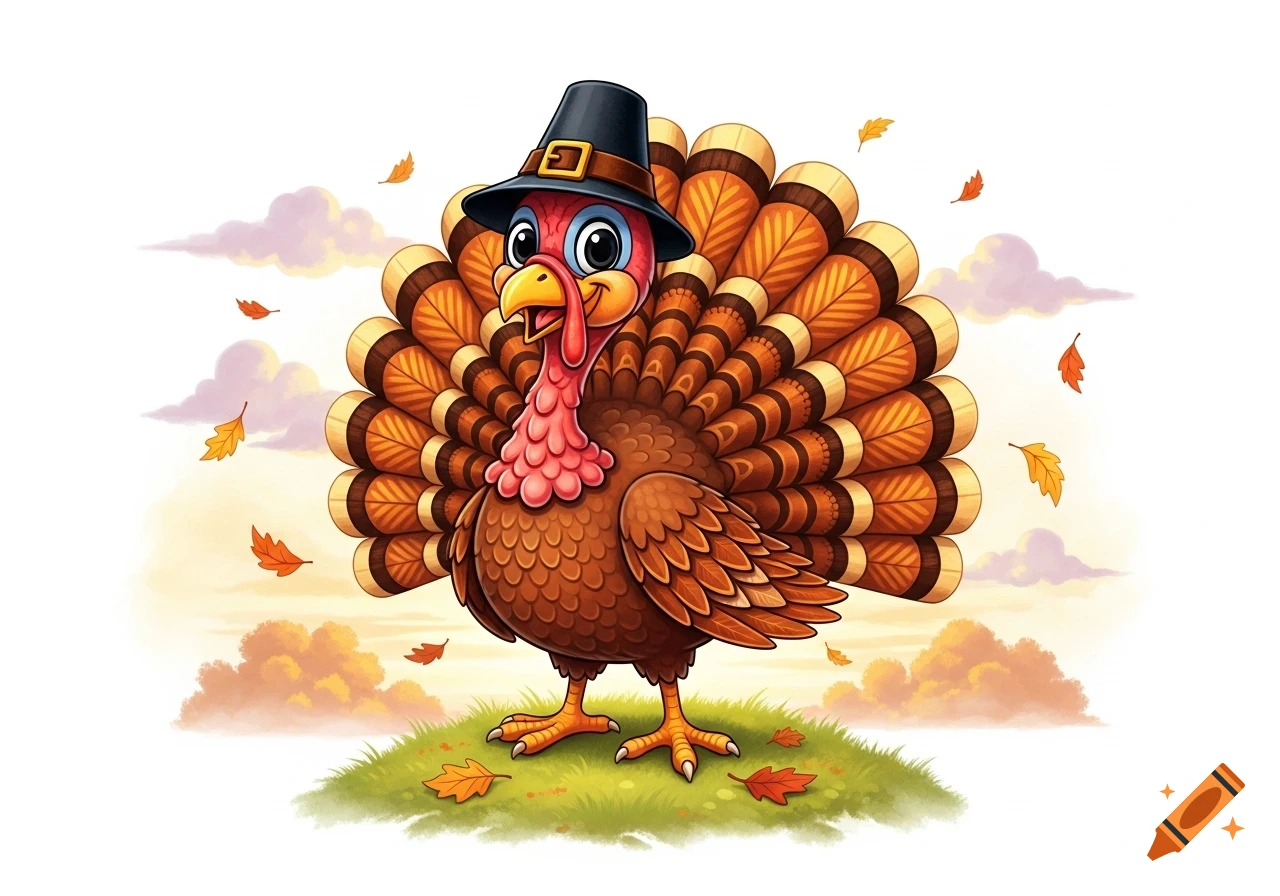 A cheerful, cartoon turkey in a pilgrim hat stands on a grassy hill with autumn leaves, against a white and orange sky.