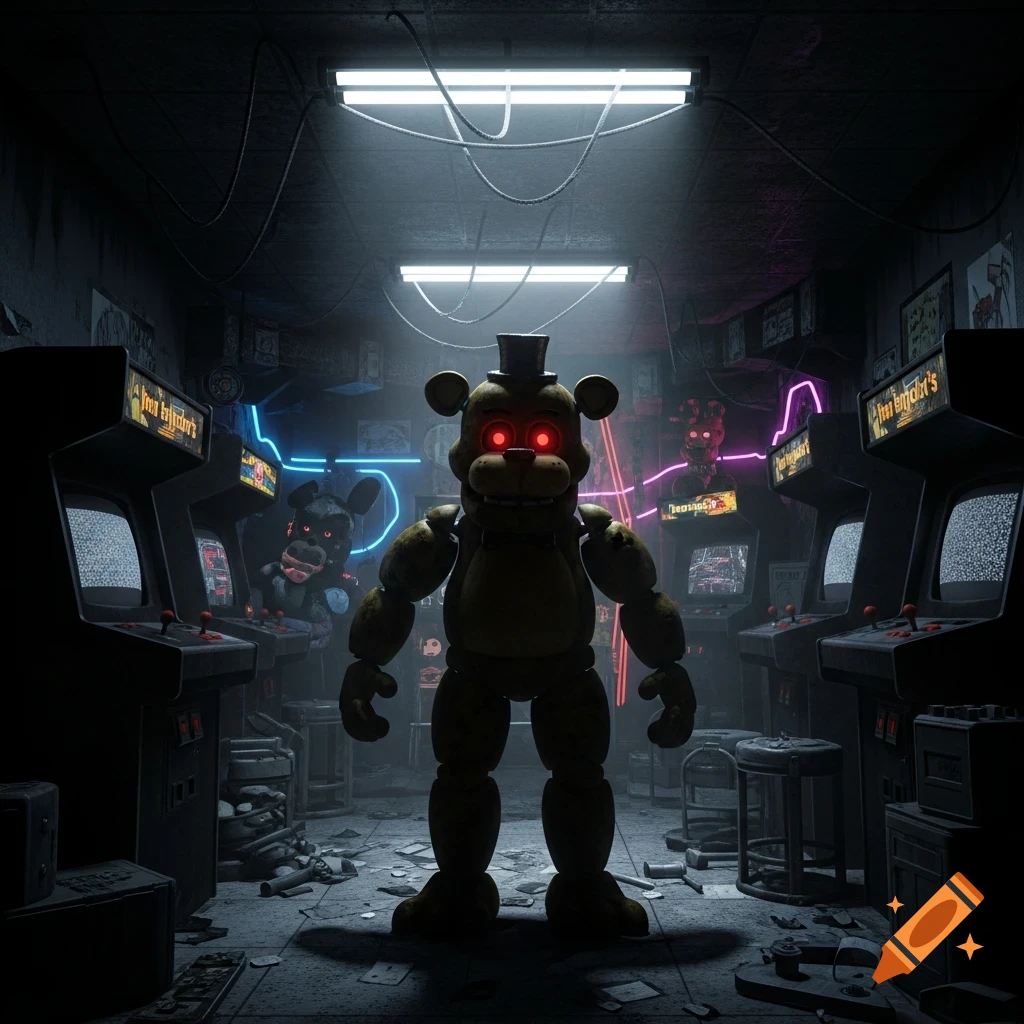 A creepy animatronic character with glowing red eyes stands in a dark, dilapidated arcade with neon lights.