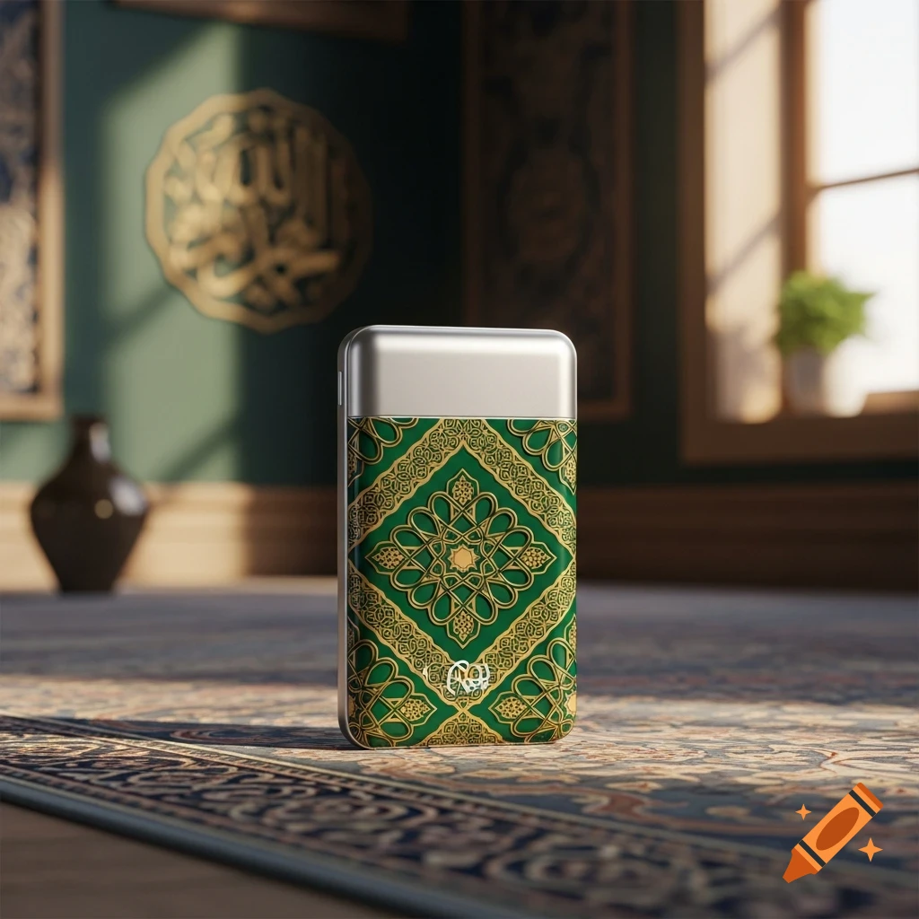 A power bank with green and gold Islamic geometric patterns on a patterned rug, in a room with calligraphic decor.