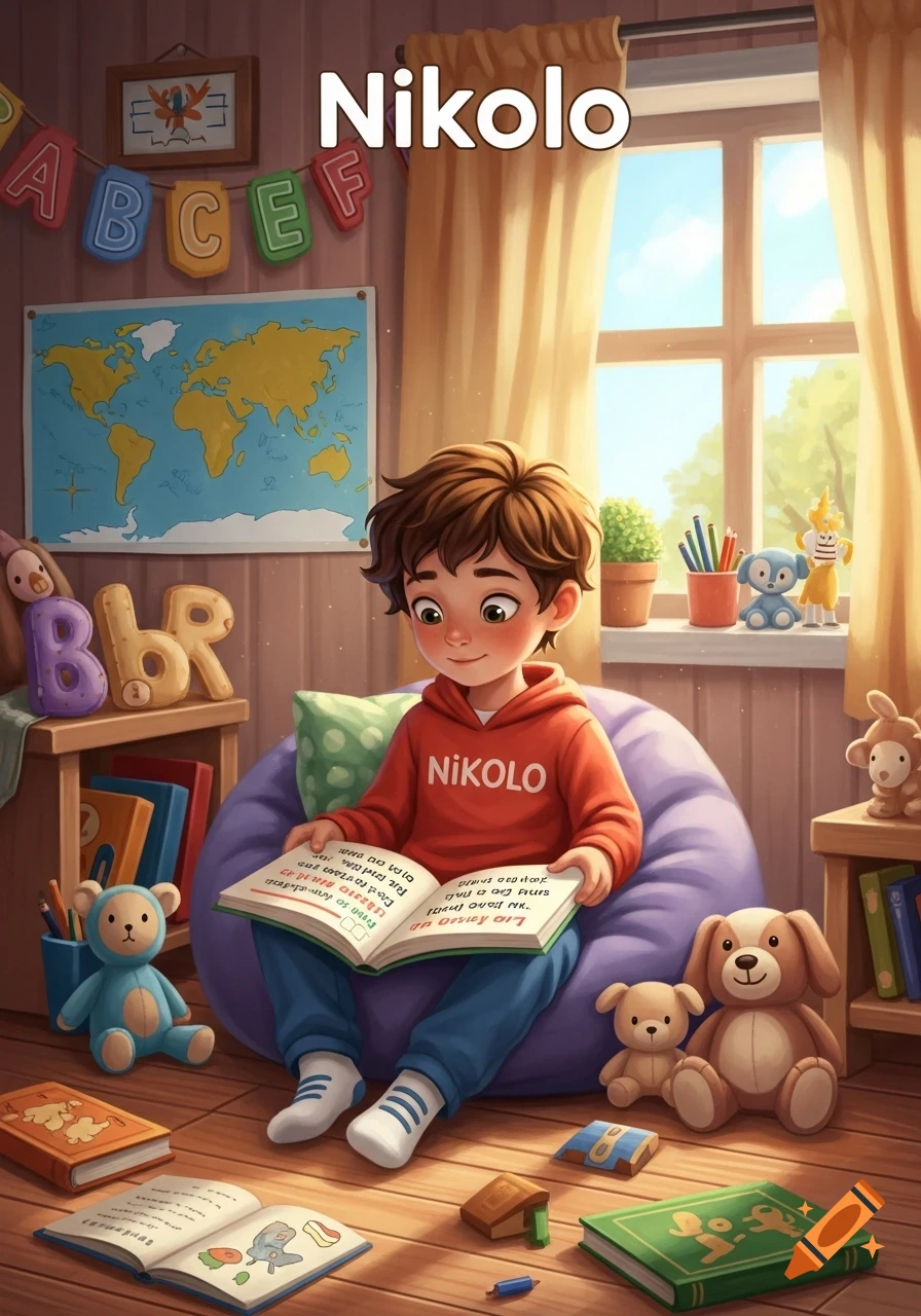 A cartoon boy with brown hair sits on a purple beanbag, reading an open book in a bright, sunny room filled with toys and school decor.