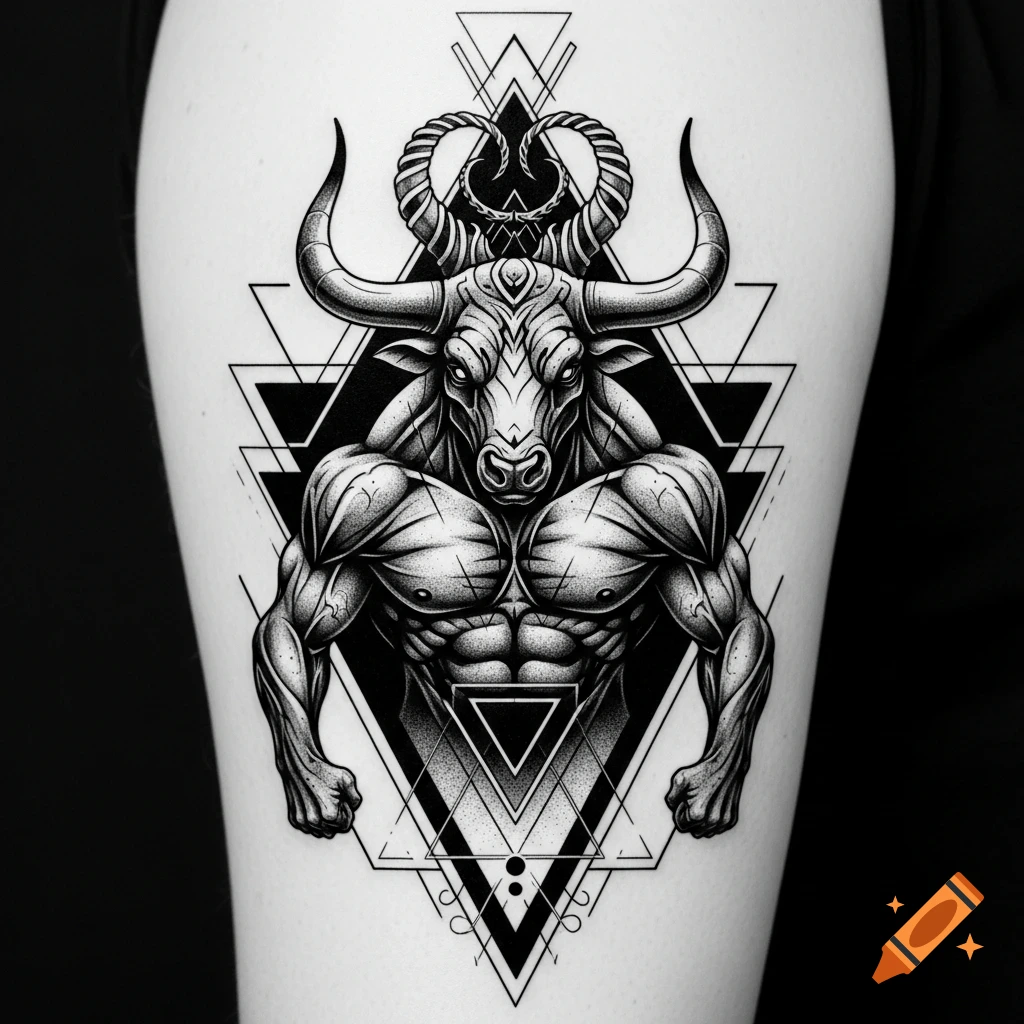 A black and white geometric blackwork tattoo of a muscular Minotaur with large horns, surrounded by sharp triangles and sacred geometry patterns.