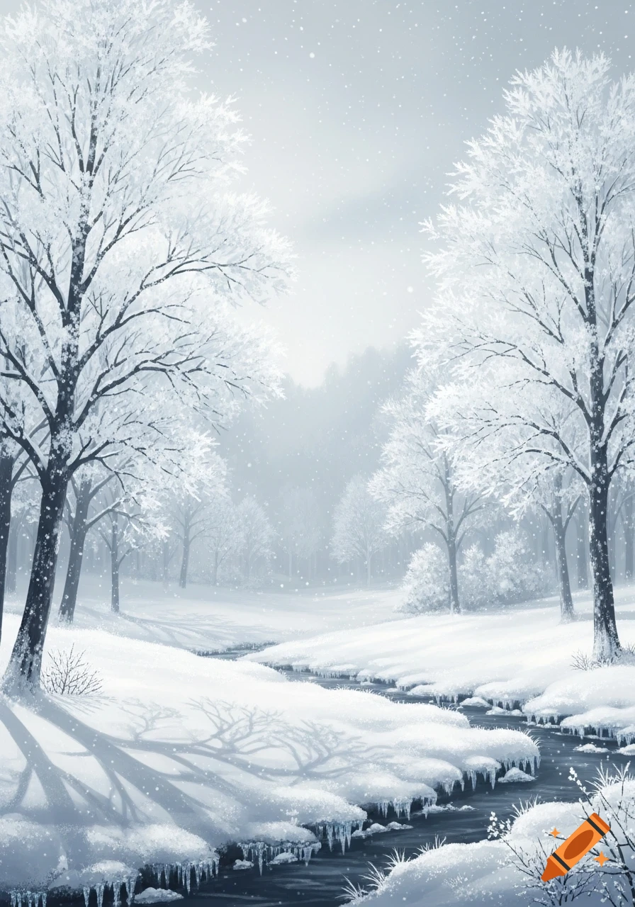 A serene winter landscape with snow-covered trees, a winding stream, and falling snow.